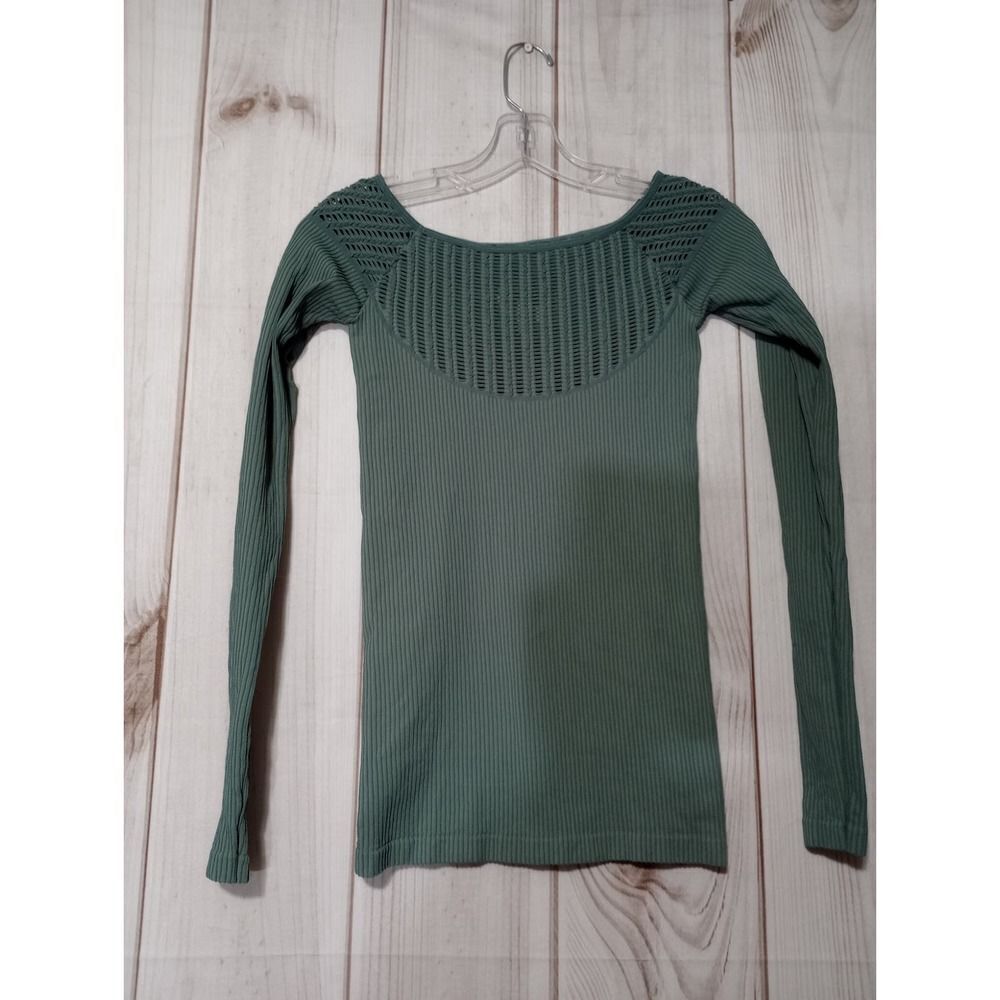 Free People Medium Ribbed Knit Long Sleeve Top Olive‎ Green Cutout Details